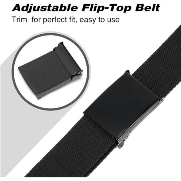 Mens Canvas Web Belt Adjustable Military Style Flip Top Buckle Black Cut Fit - Picture 3 of 7